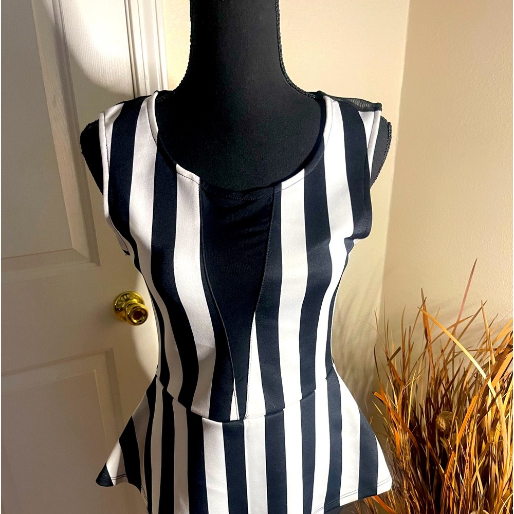 Black and White Striped Women's Peplum Top